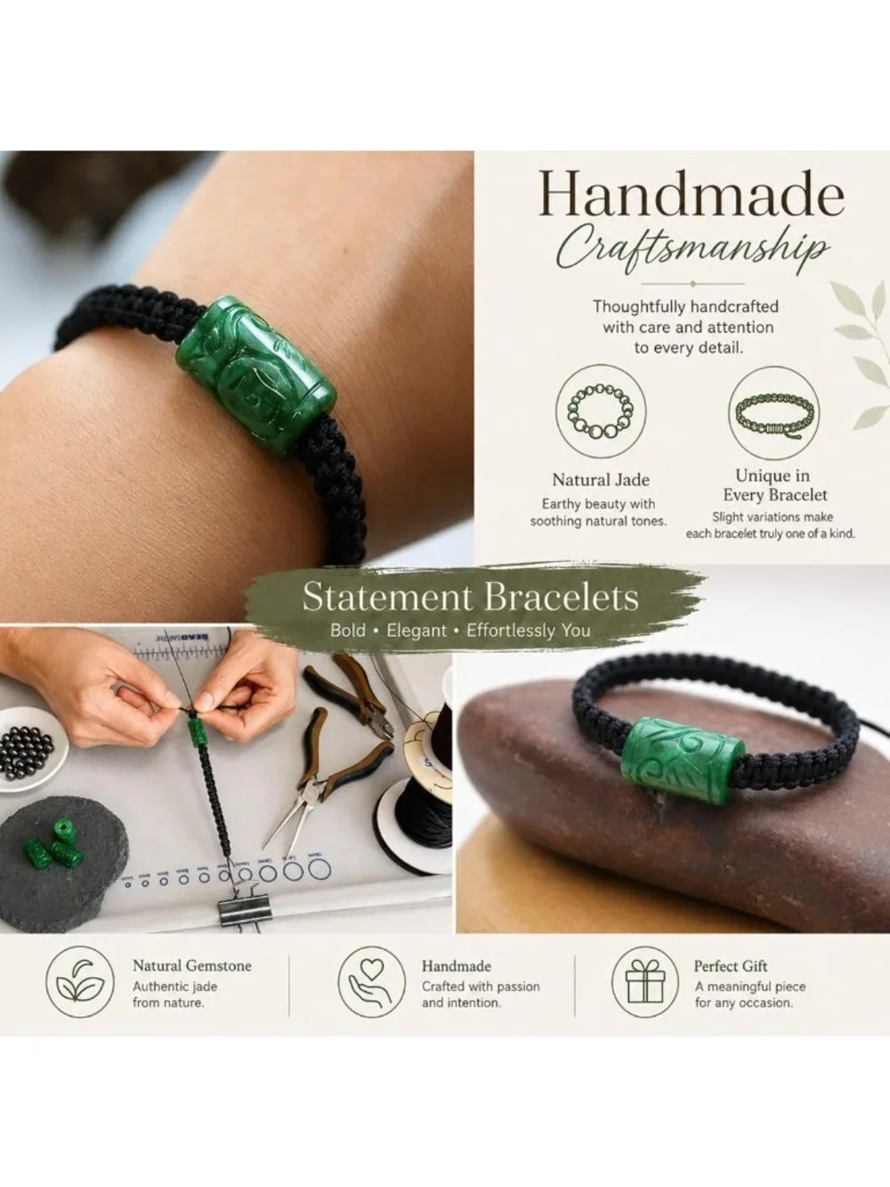 Handmade Adjustable Real Jade Bracelet - Natural Green Stone Beaded Bangle